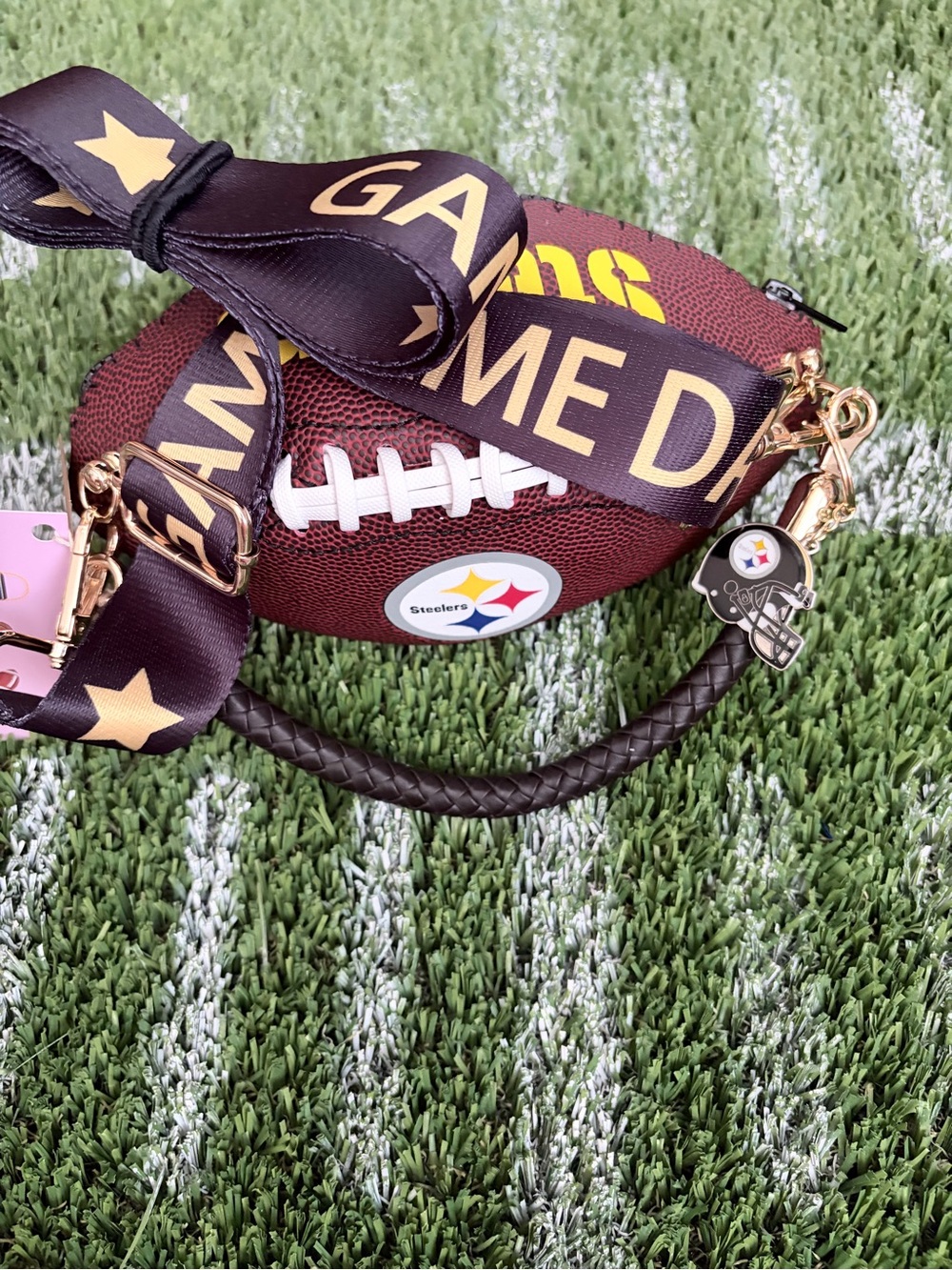 Football Crossbody Bag with Pittsburgh Steelers Charm - Brown